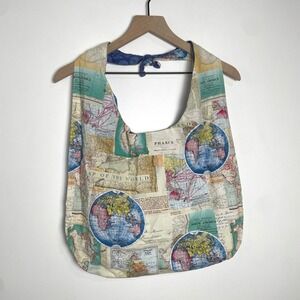 Handmade Tote Bag World Map Globe Travel Print Tie Top Shoulder Bag Boho Novelty